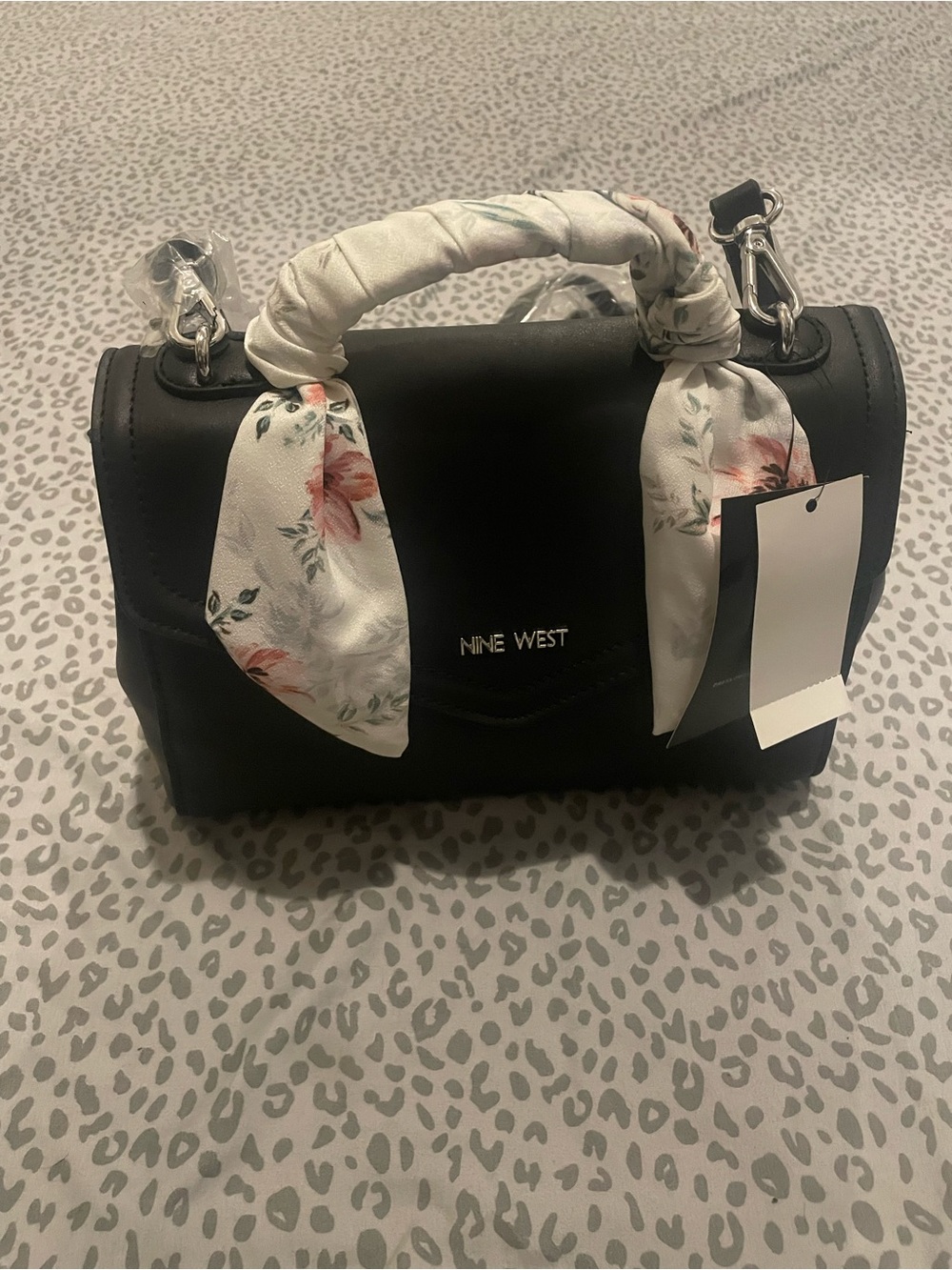 Nine West Black Satchel with Floral-Trim Handle